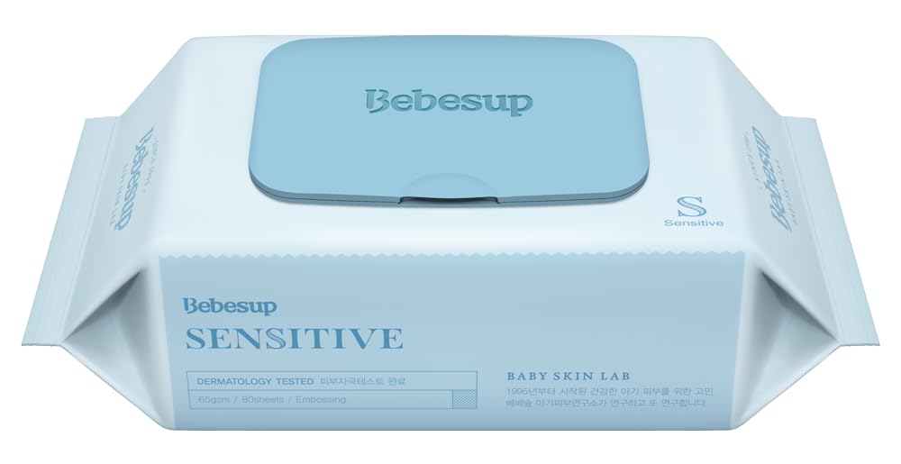 BEBESUP-Korea’s #1 Sensitive Baby Wipes -Hypoallergenic Water-based Unscented Alcohol-Free Extra-Thick Organic Superfood Extracts Plant- Based for sensitive skin Flip-Top (80 Count 1 Pack) Packs)