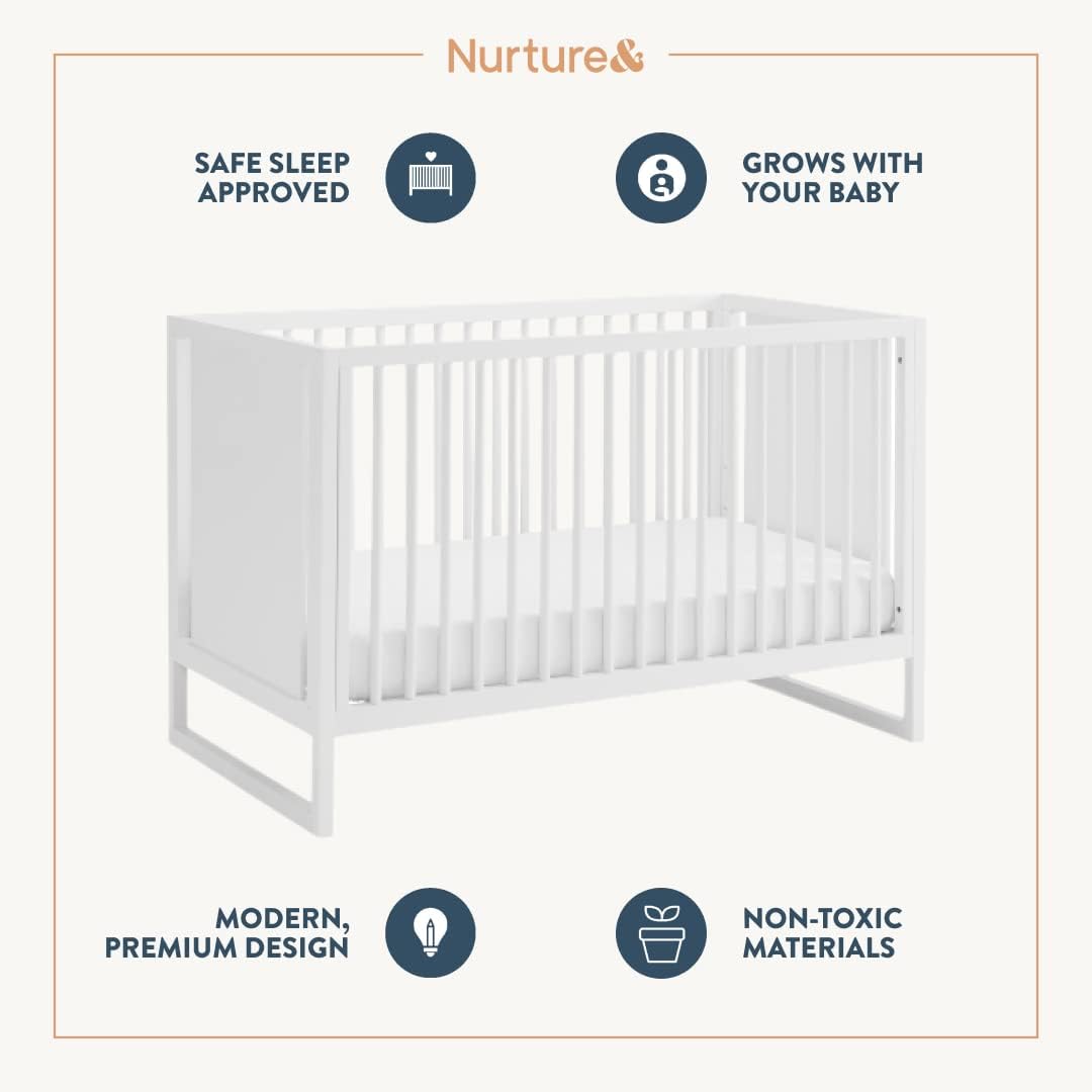 Nurture& The Crib - Baby, Toddler Convertible Crib | Sustainable Non-Toxic Materials | 3 Adjustable Heights - Grows with Your Baby (Toddler Guardrail NOT Included) (White)