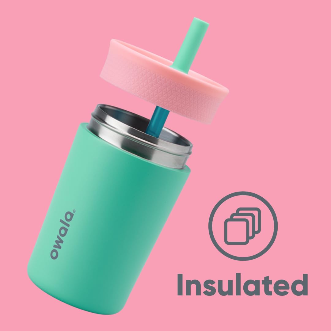 Owala Kids Insulation Stainless Steel Tumbler with Spill Resistant Flexible Straw, Easy to Clean, Kids Water Bottle, Great for Travel, Dishwasher Safe, 12 Oz, Pink and Teal (Real Cool Fish)