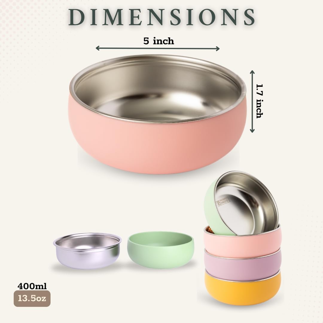 Monkey Proof™ Non-Toxic Stainless Steel Child Bowl 5” with Non-Slip Silicone Shell, (Set of 4 bowls) Unbreakable, Mess Free Feeding for Babies, Toddlers, Kids, BPA free (Mauve)