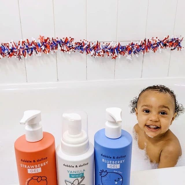 Dabble & Dollop USA Bundle, 3-in-1 Natural Bubble Bath, Body Wash & Shampoo for Kids, USA-Made, Paraben & Sulfate Free, Vegan, Tear-Free, Strawberry, Vanilla & Blueberry (Set of 3)