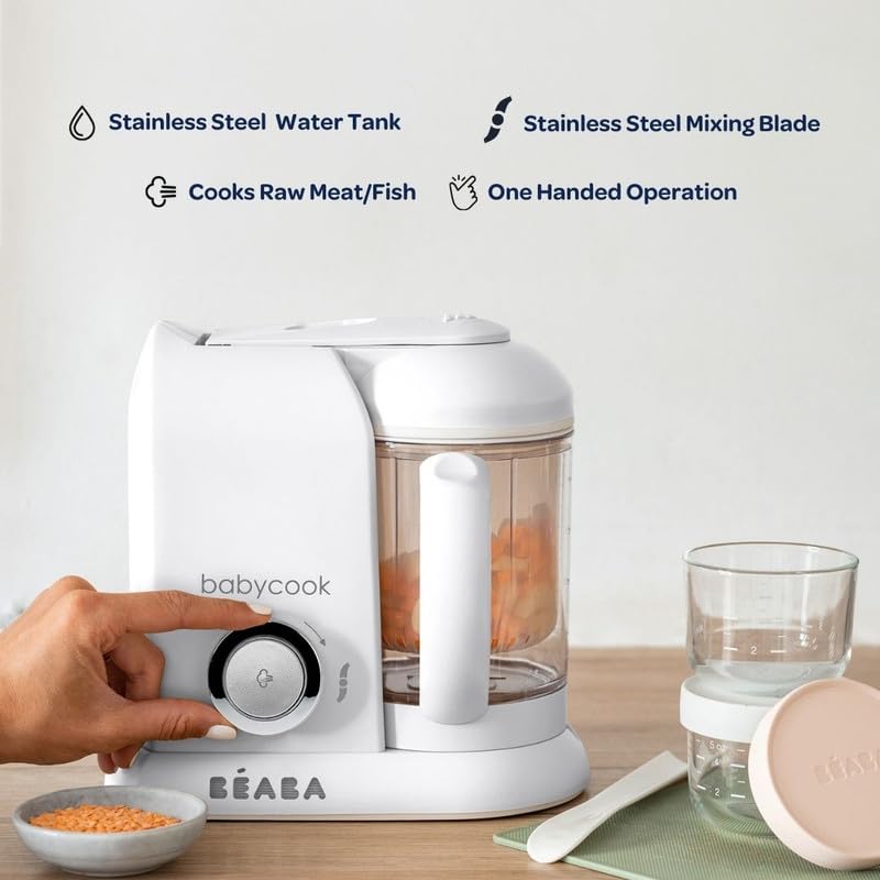 BEABA Babycook Solo 4 in 1 Baby Food Maker, Puree Steamer and Blender for Purees, Grinder with Auto Steam Cooking, Lrg Capacity 4.5 Cups 27 Servings in 20 Mins, White