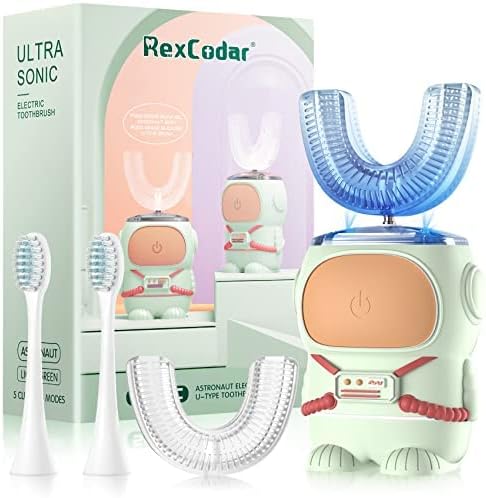 Ultrasonic Kid's U-Shaped Electric Toothbrush, IPX7 Waterproof, Five Cleaning Modes, 60S Smart Reminder (Cartoon Astronaut,Green Ages 6-12)