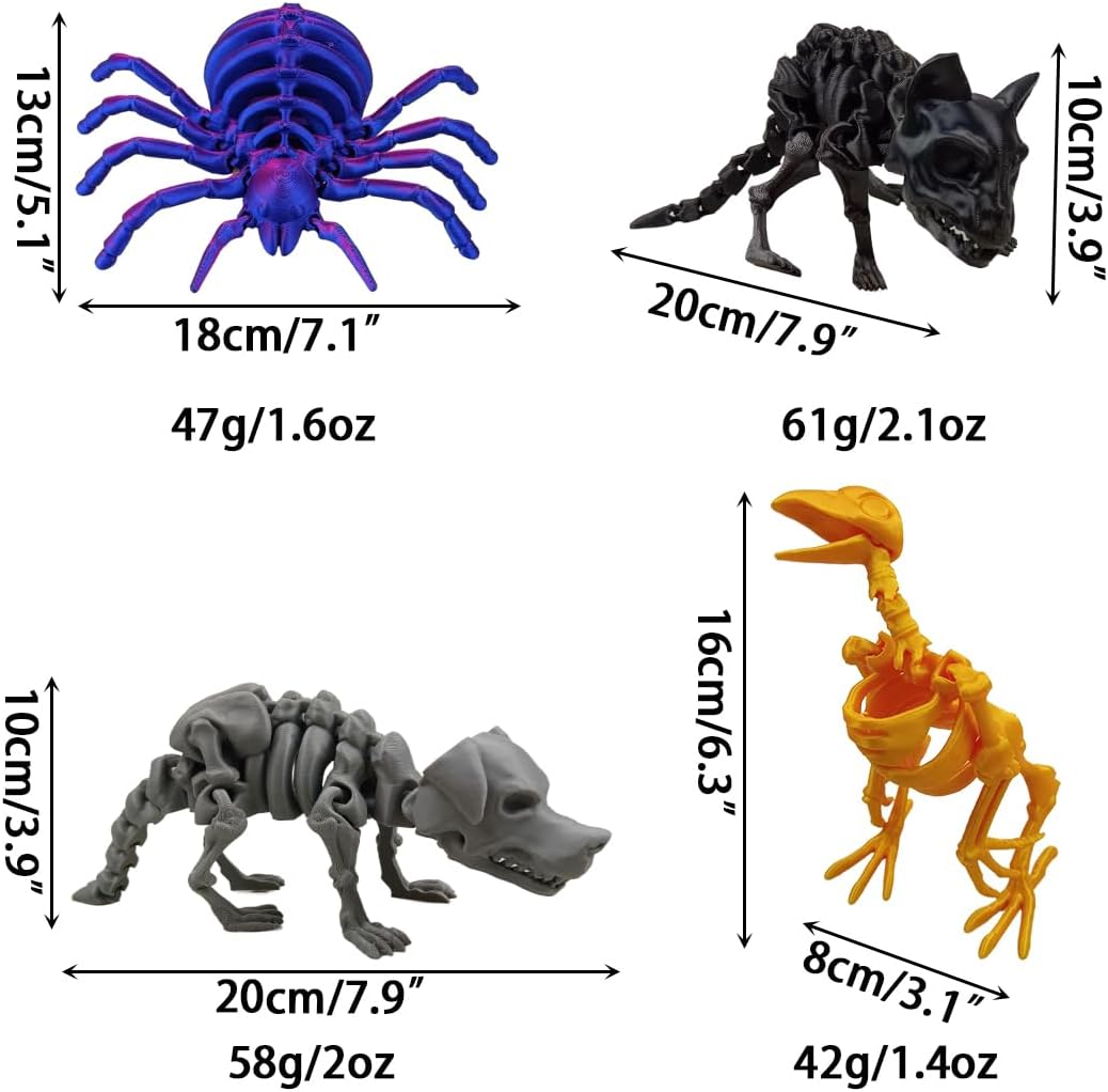 Anditoy 4 Pack 3D Printed Halloween Skeleton Cat Spider Crow Dog Articulated Skeleton Desk Toy for Halloween Indoor Decorations