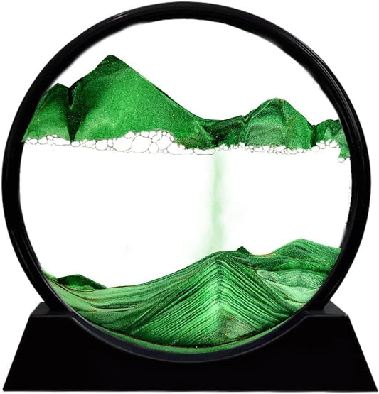 Moving Sand Art Picture 3D Deep Sea Sandscapes Sand Art Liquid Motion Bubbler Timer for Adult Kid Desktop Art Toys for Home Decor and Office(Round+Green+7In)