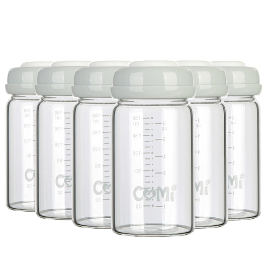 COMI Wide Neck Glass Breastmilk Collection n Storage Bottle, 6oz with Screw Ring Sealing Disk; Re-markable Sealing Disc. BPA Free, Fits Breast Pumps & Nipples (Gray Lids)