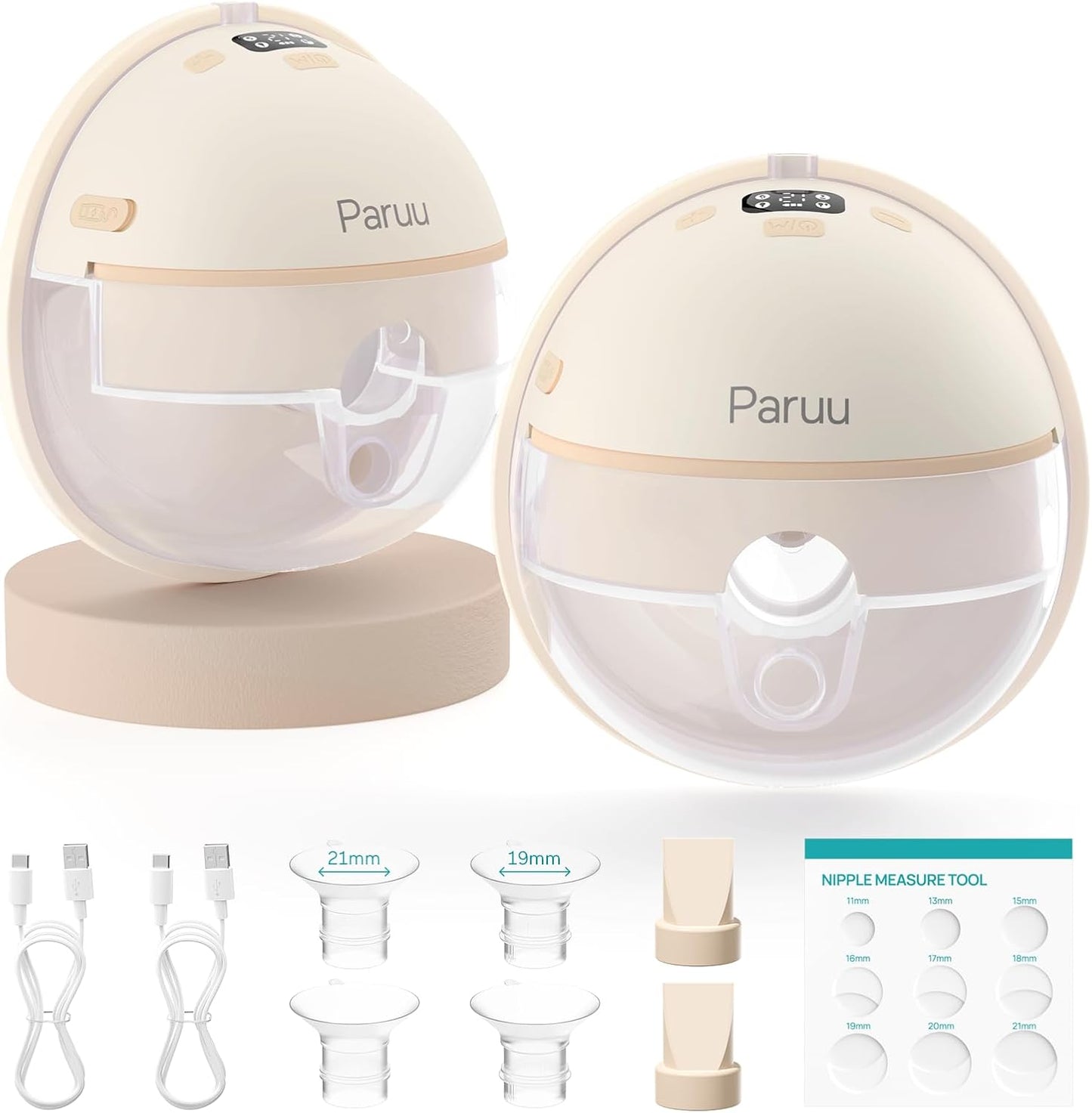 Paruu Hands Free Breast Pump P16, Wearable Breast Pump Electirc Portable with 4 Modes & 12 Levels, Max 309mmHg Strong Suction 19/21/24mm Flange Inserts Wearable Breastfeeding Pump, 2 Pack(Nude