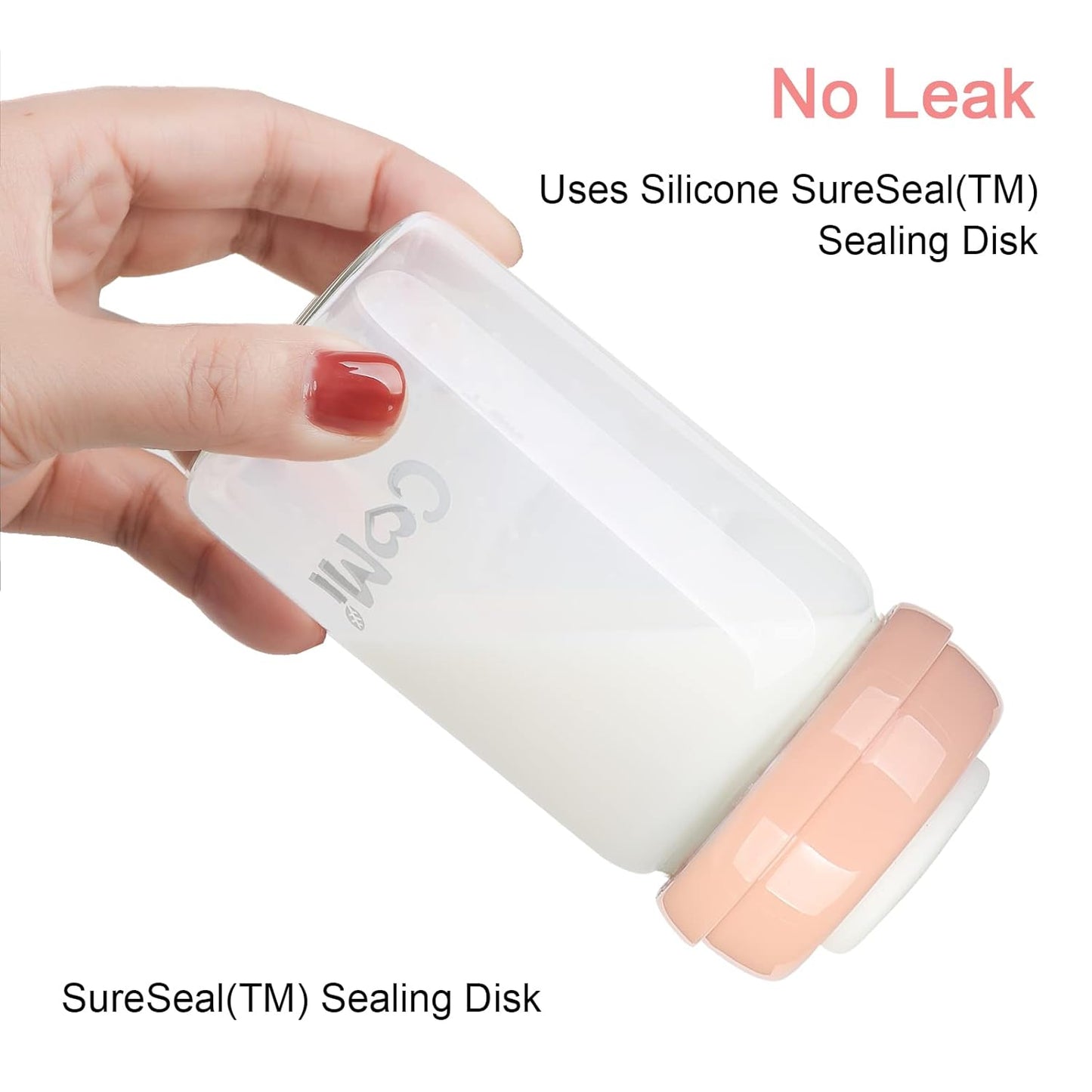 COMI Wide Neck Glass Breastmilk Collection n Storage Bottle, 6oz with Screw Ring Sealing Disk; Re-markable Sealing Disc. BPA Free, Fits Breast Pumps & Nipples (2 Pack Pink Lids)