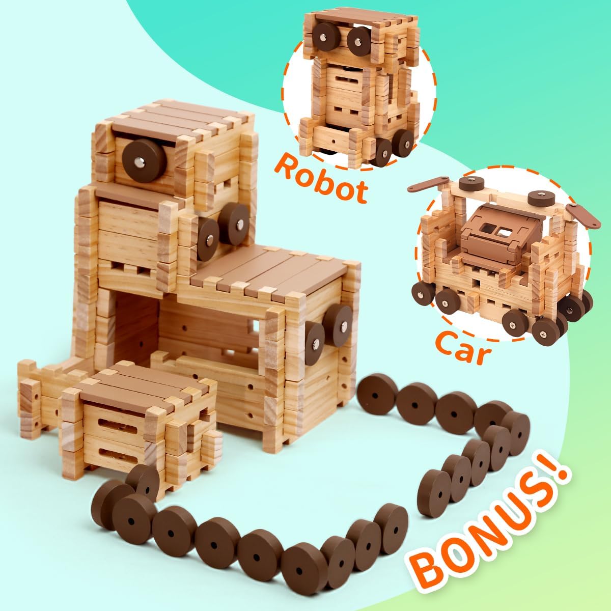 Jovi-mindly&Notchies Wooden Blocks Train Set 101 PCS Create 40+ Shapes,Toys Educational Wooden Building Blocks Puzzles for Kids Ages 5-8 Boys and Girls,Truck/Excavator,FSC Certified,Graduate Gifts