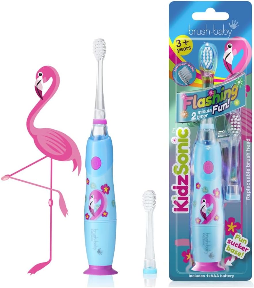 Brush‑Baby - KidzSonic Flamingo Kids Electric Toothbrush for Ages 3+ with Disco LED Lights, Gentle Sonic Vibrations, 2-Minute Smart Timer & 30‑Second Pulse Reminders – AAA Battery Included