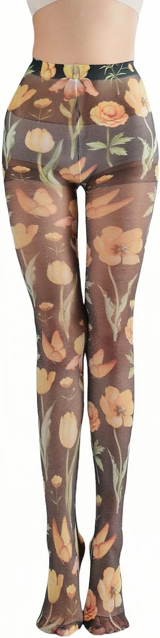 Sahabowi Women's Sheer Fashion Digital Print Fashions Stockings Metallic Silver Tights 1