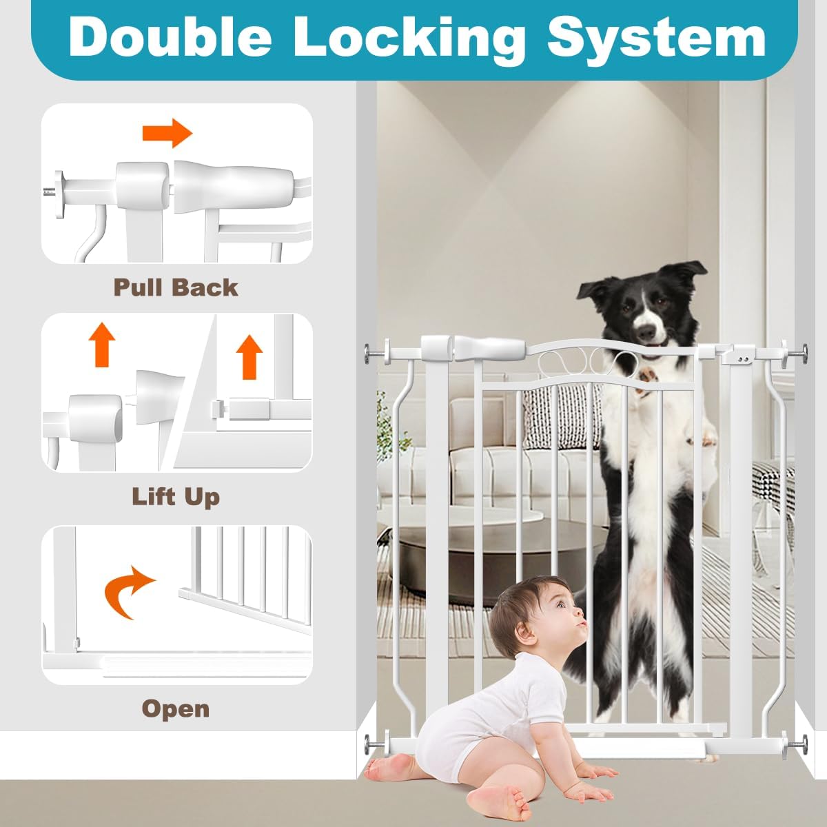Extra Wide Dog Gate for Doorways 62.6-72 in, Walk Through Long Baby Gates for Large Openings, No Drill Child Safety Gate for Pets Kids Toddler, Doggy Barrier Indoor Metal, 30" Tall White