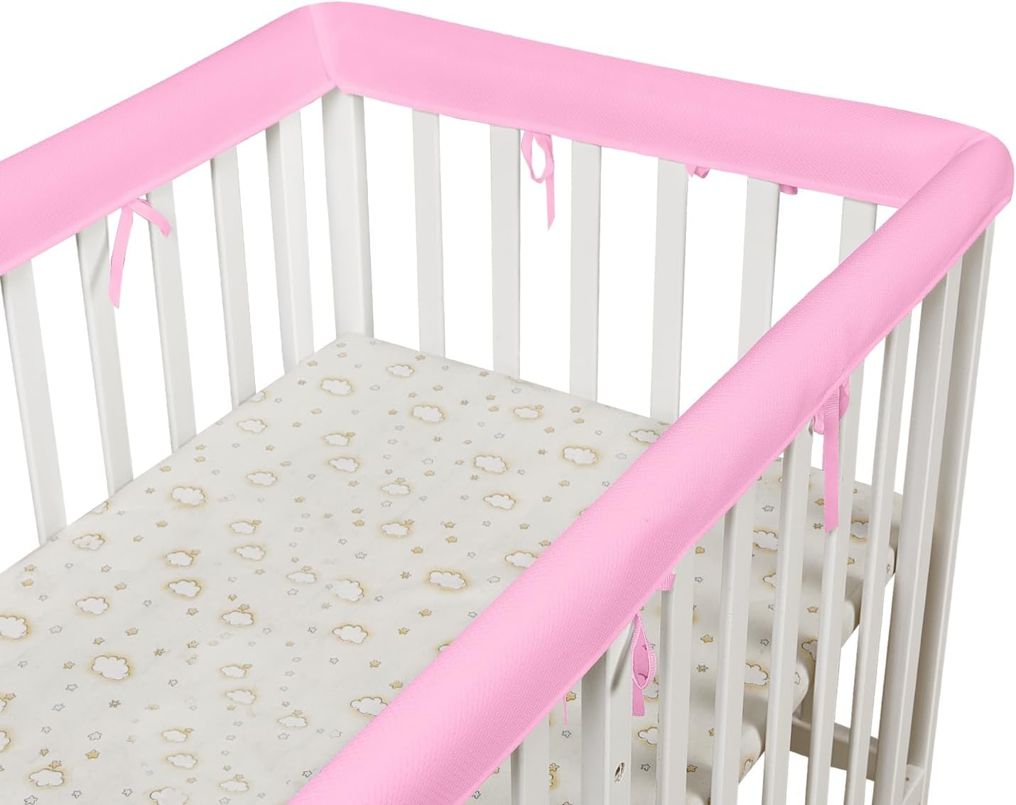3 in 1 Crib Rail Covers for Life Size Cribs,White Soft Anti-Collision Strip Corner Covers,Protect Baby Teeth and Save Crib Rails, Rail Edge Protector Strip (white01) (Pink)