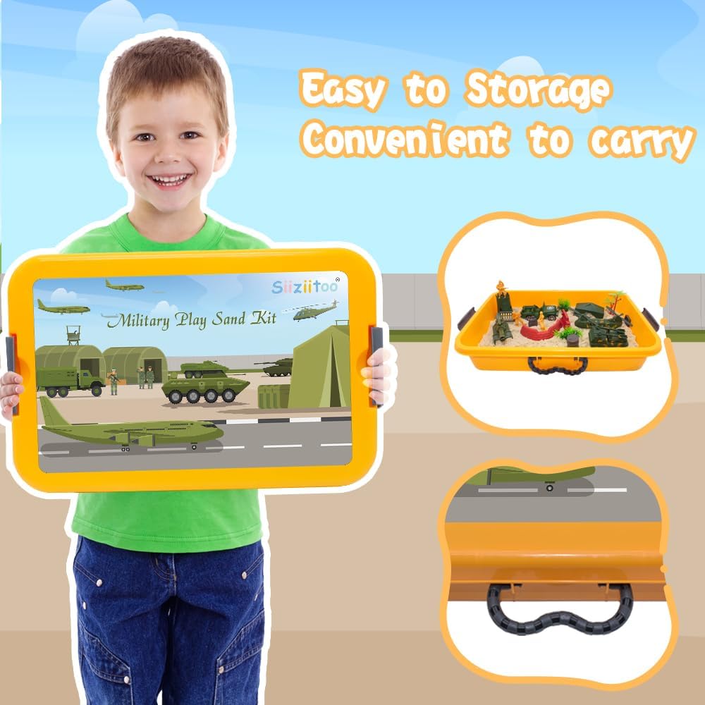 Army Play Sand Art Kit, Military Sensory Bin Filler, Sensory Bins for Toddler 3-4, with Army Men Action Figures Toys, 2.2lbs Magic Sand, Sandbox Toys for Toddlers 1-3, Sensory Sand Kit for Kids Boys
