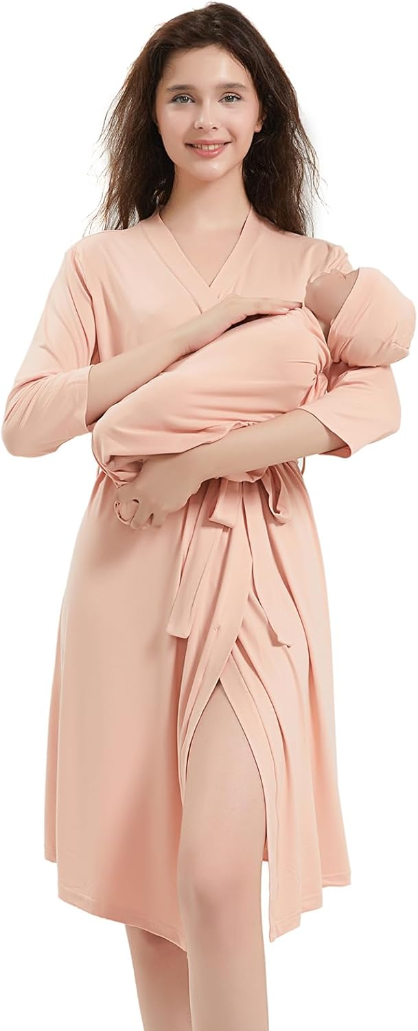 Galabloomer Maternity Robe and Baby Receiving Blanket, Matching Mommy Labor Delivery Robe and Swaddle Set (xl, pink sand)