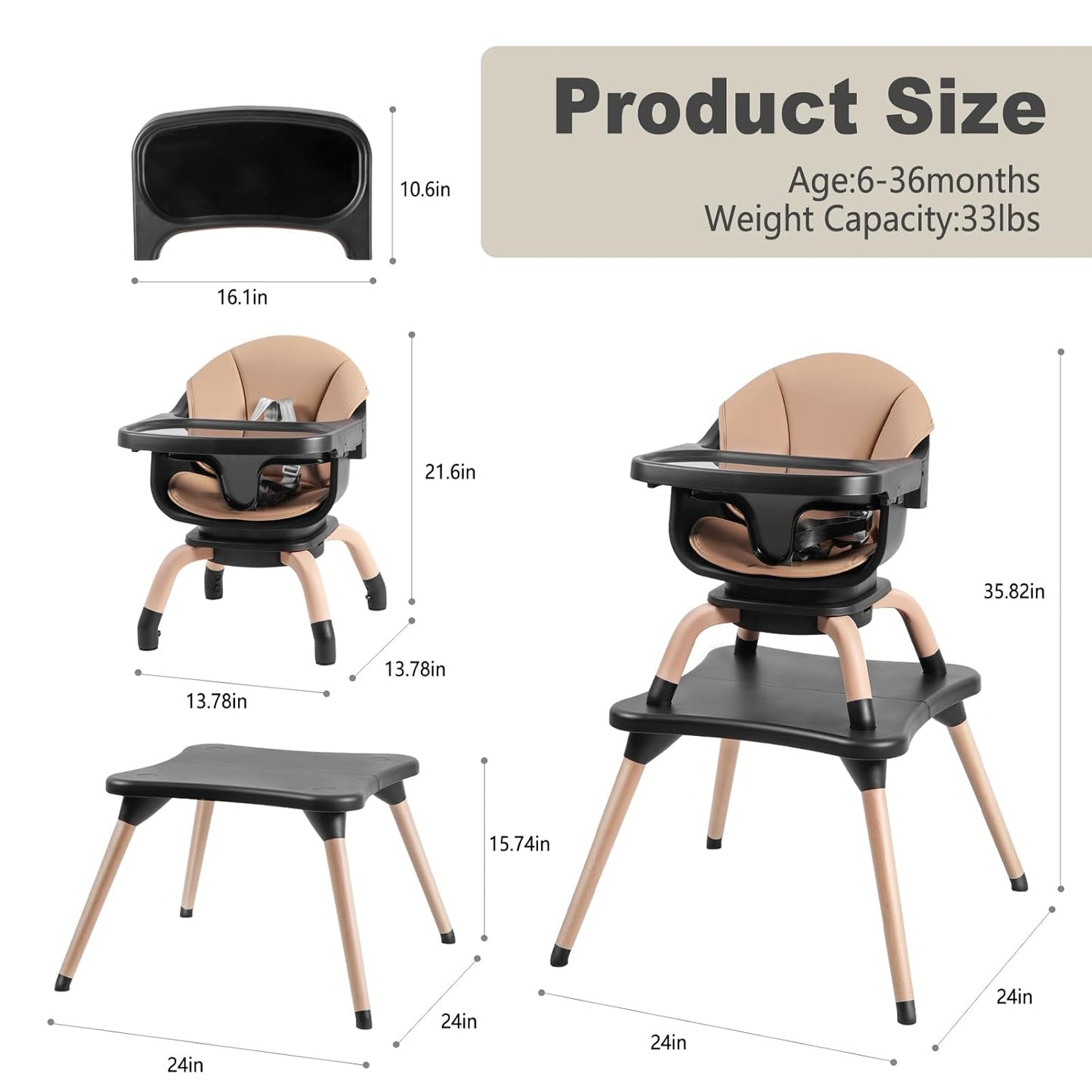 Baby High Chair, 7 in 1 Convertible High Chairs for Babies and Toddlers, Kids Learning Table, Building Block Table, Toddler Dining Chair with 360° Rotating Seat, 5-Point Safety Harness (Black)