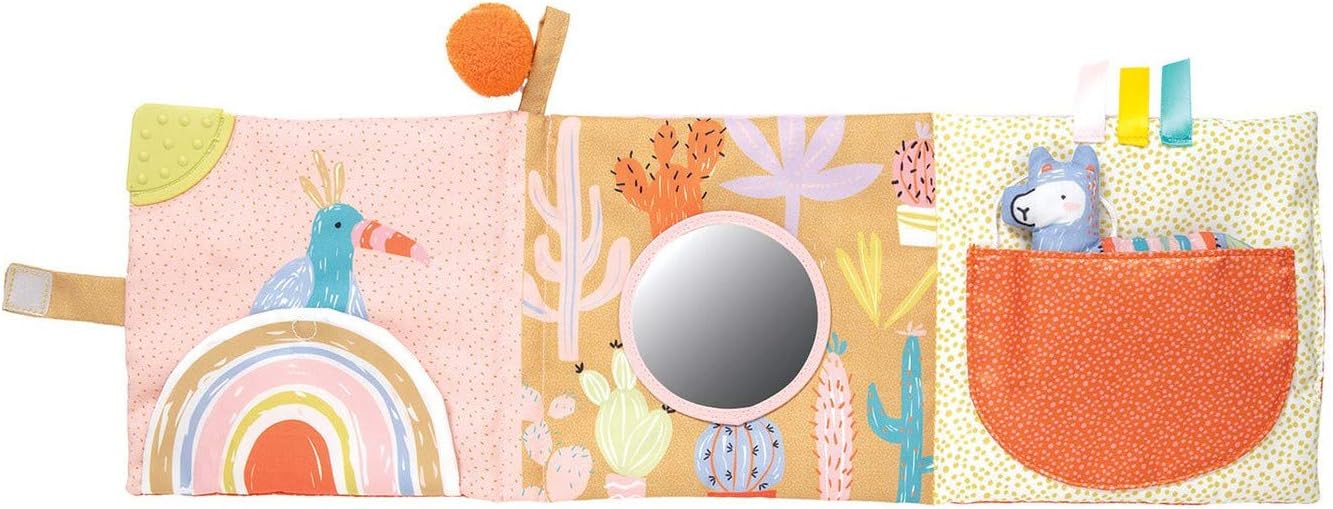 Manhattan Toy Llama Themed Soft Baby Activity Book with Squeaker, Crinkle Paper and Baby-safe Mirror Small