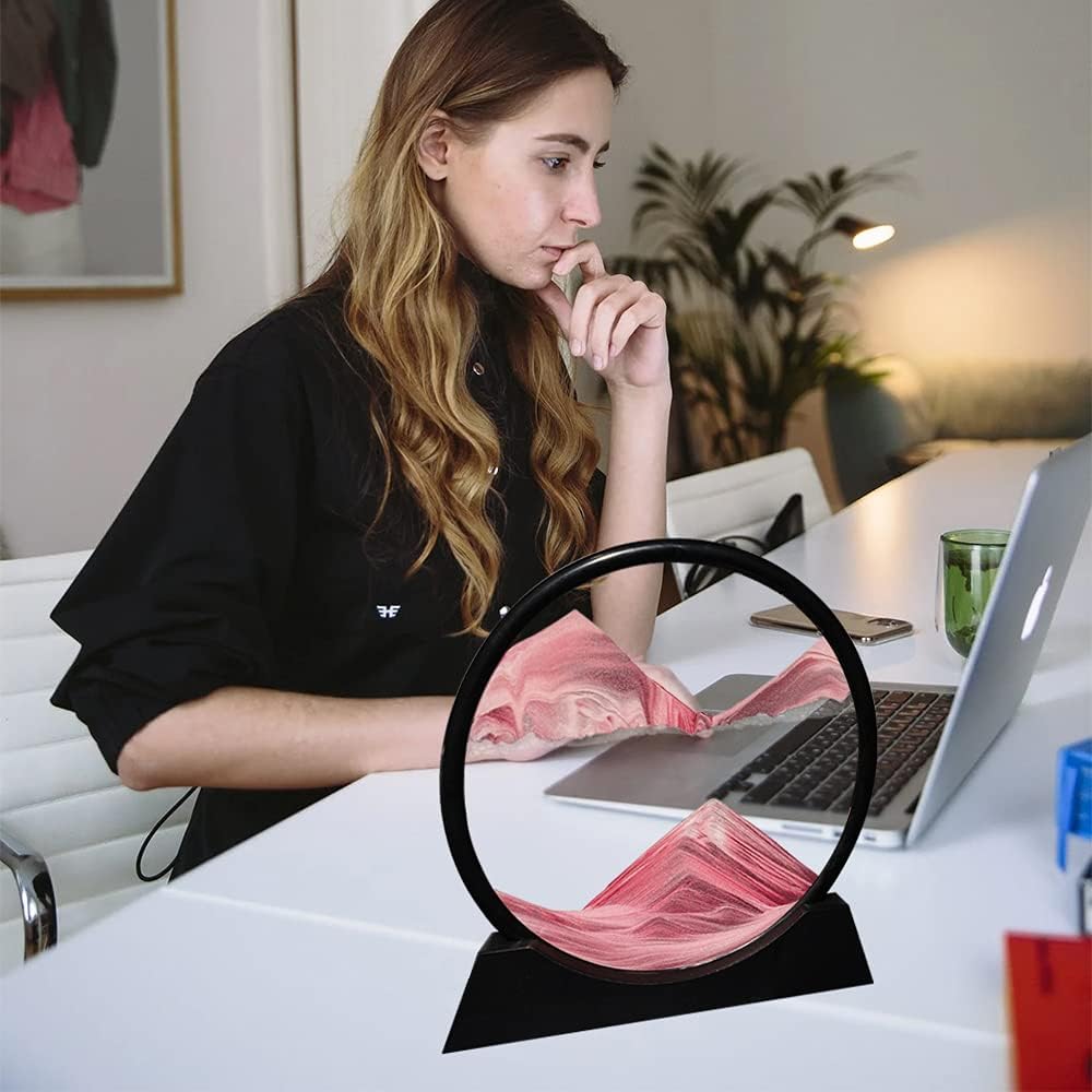 Aoderun Moving Sand Art Picture Round Glass 3D Deep Sea Sandscape in Motion Display Flowing Sand Frame Relaxing Desktop Home Office Work Decor (7", Pink)