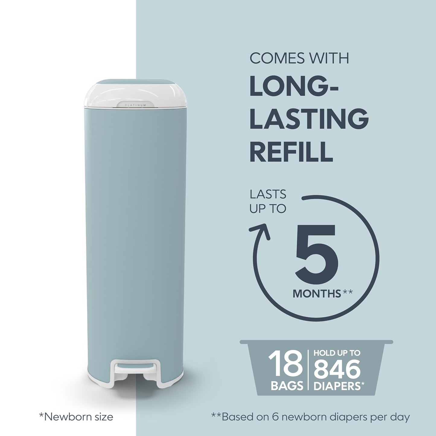 Diaper Genie Platinum Pail (Glacial Blue) is Made in Durable Stainless Steel and Includes 1 Easy Roll Refill with 18 Bags That can Last up to 5 Months.