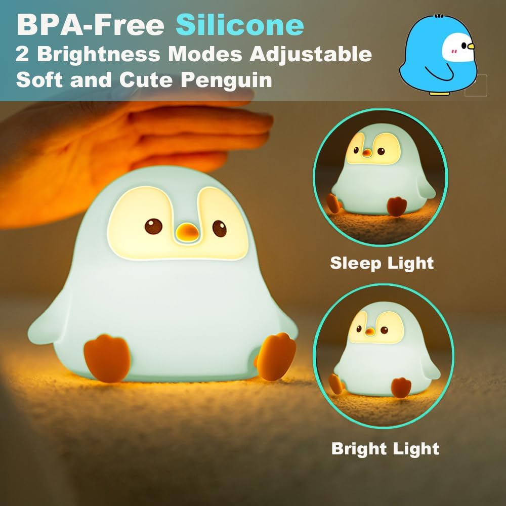 Cute Penguin Night Light for Kids Bedroom, Animal Silicone Nursery Night Lamp Touch Control Nightlights USB Rechargeable Bedside Lamp for Baby Children Toddlers Girls Gift