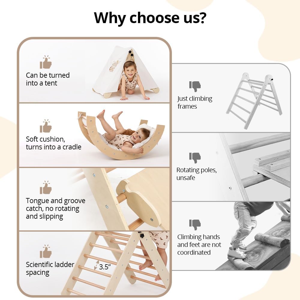 Pikler Triangle Set with Cushion, 8-in-1 Toddler Climbing Toys Indoor, Wooden Montessori Climbing Set with Arch Ramp,Ladder&Tent Cloth, Baby Indoor Climber Jungle Gyms for Toddlers Toy, Natural