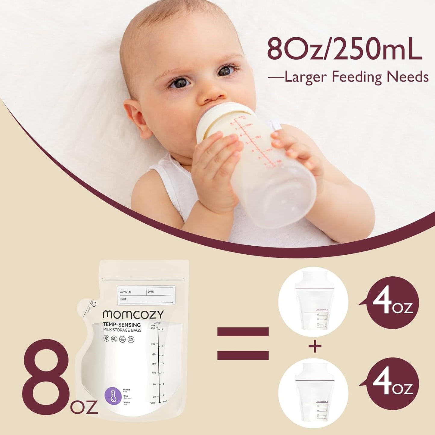 Momcozy Easy Pour Breastmilk Storage Bag, 8Oz, Temp-Sensing Color Change, 120 Count Milk Bag with Self Standing for Breastfeeding, No Leak Presterilized for Freezer, Recyclable & BPA Free