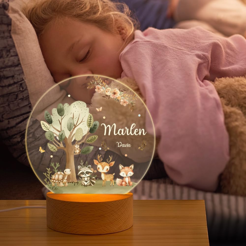 callie Acrylic Night Light Name Plate Personalized, Custom Cute Fox Deer Turtle Forest Animal with Wooden Base Bedroom Decor, Birthday Gifts Kid Gifts for Family (Forest Fauna)