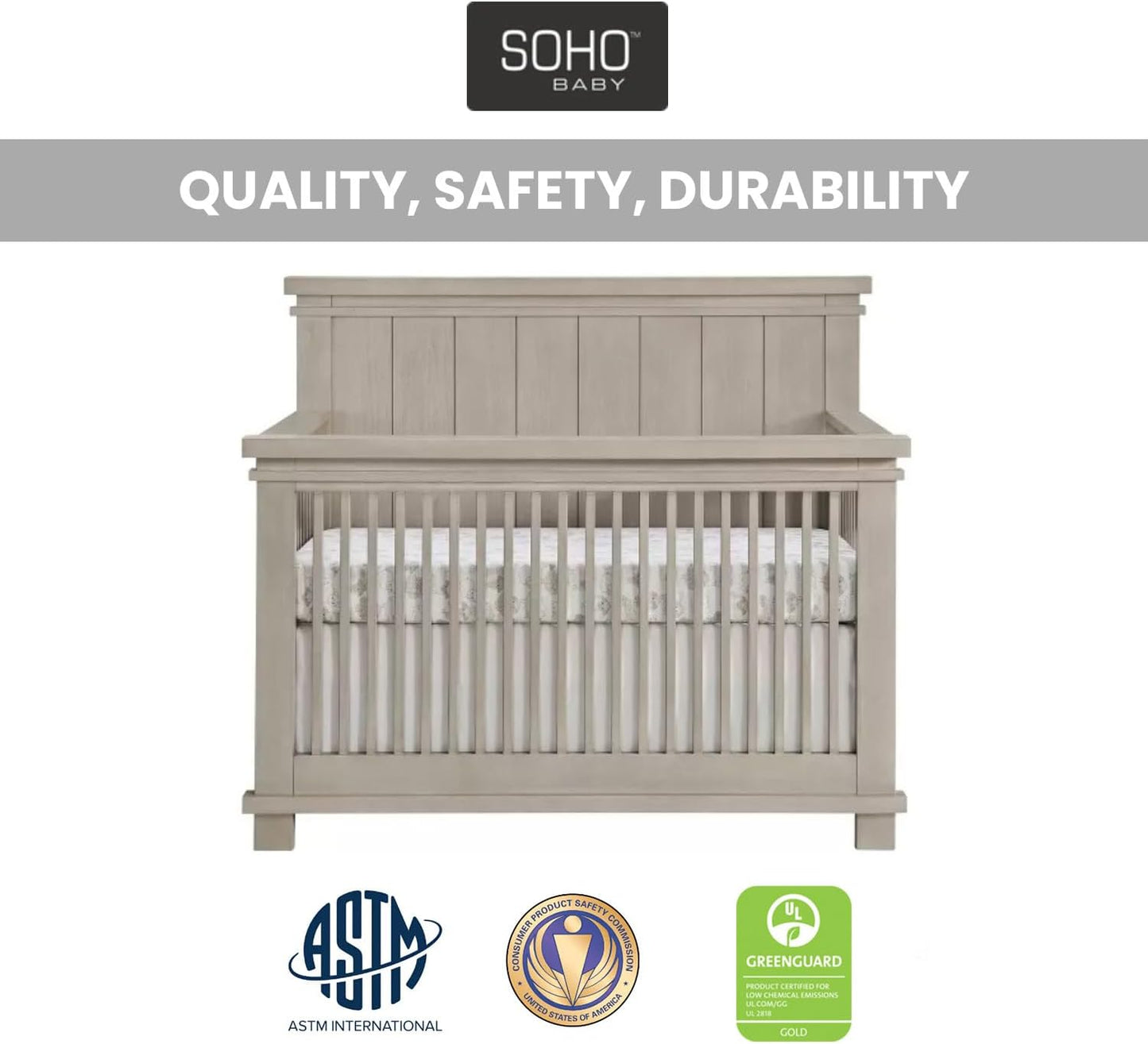 Soho Baby Hampton Premium 4-in-1 Convertible Crib, Flat-Top Headboard, Smooth Stone Wash, GreenGuard Gold Certified