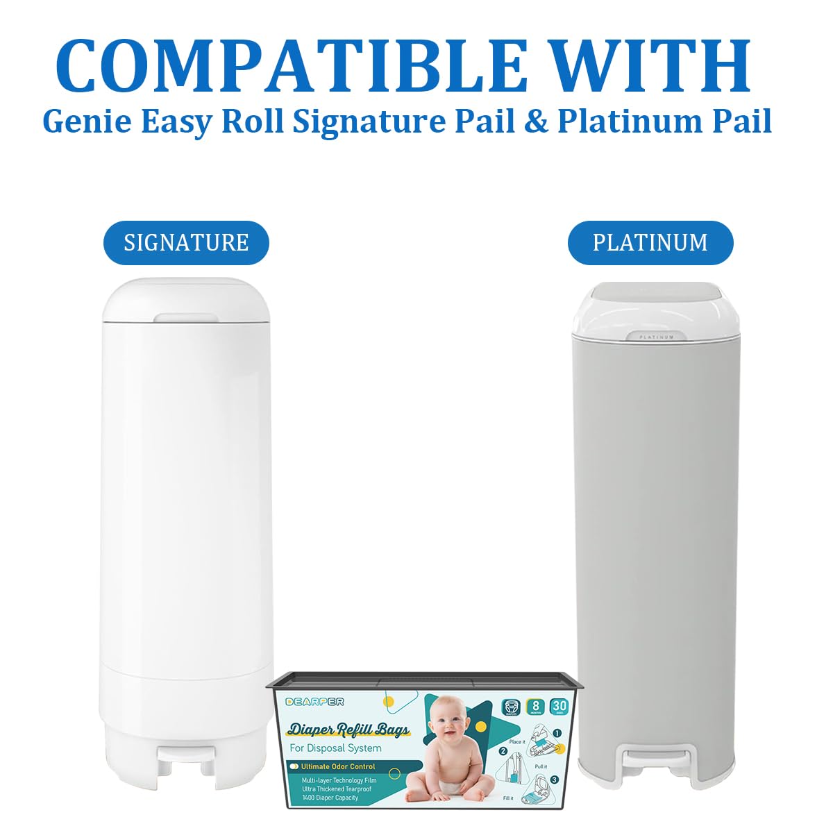 Diaper Pail Bags Refills 4 Pack (120 Count), Compatible with Genie Easy Roll Signature and Platinum Pails, 7-Layer Odor Control, Extra Thickness, Lasts up to 8 Months Per Refill