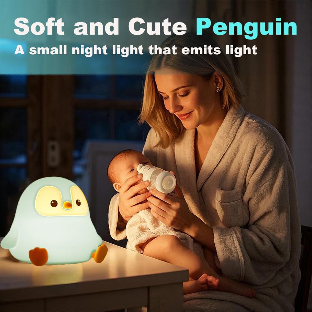 Cute Penguin Night Light for Kids Bedroom, Animal Silicone Nursery Night Lamp Touch Control Nightlights USB Rechargeable Bedside Lamp for Baby Children Toddlers Girls Gift
