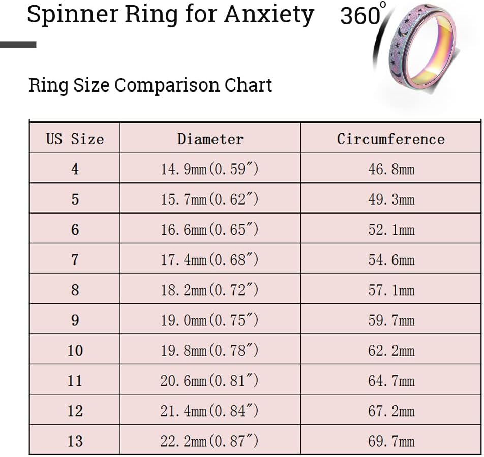 Anxiety Ring for Women Men, Titanium Stainless Steel Spinner Ring, 5 Colors, 6MM, Size 6-10, 3 Styles Anxiety Ring-Moon Star, Sandblasted Finished, Hollow Outer