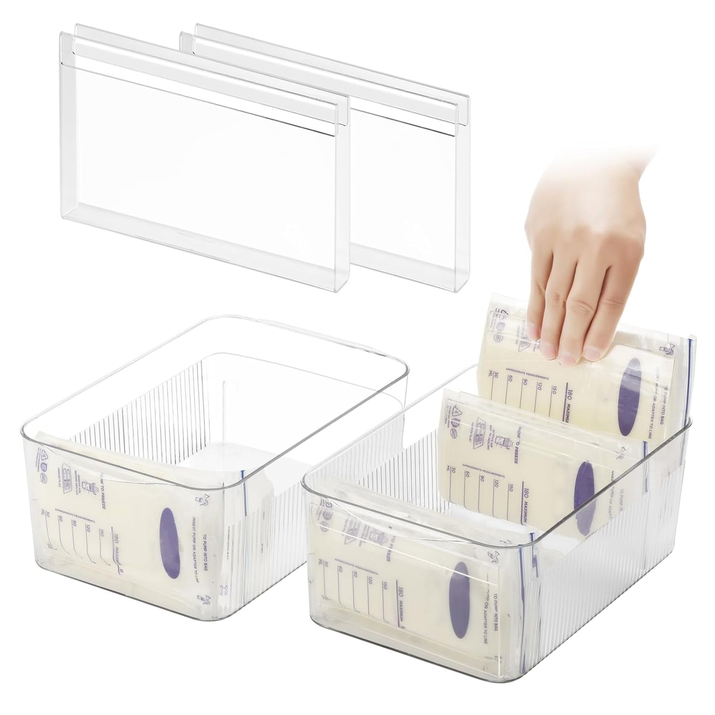 Breastmilk Storage Container with 4 Freezer Flattener Kit to Flatten Standing Breast Milk Bags in Organizer Bins Save Refrigerator Space |Horizontal Storage