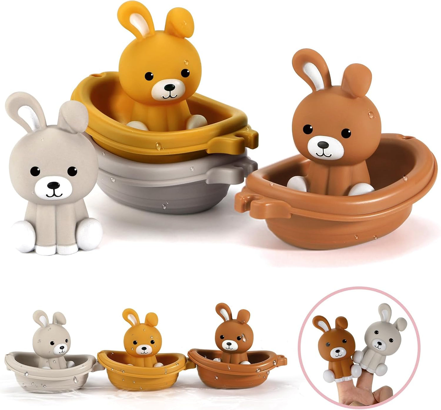 Nueplay Bathtub Toys for Toddlers 18M+,Baby Bath Toys with Animal Finger Puppets,Stackable Boat Train,Easter Bunny Gifts for Baby & Toddlers Set of 6