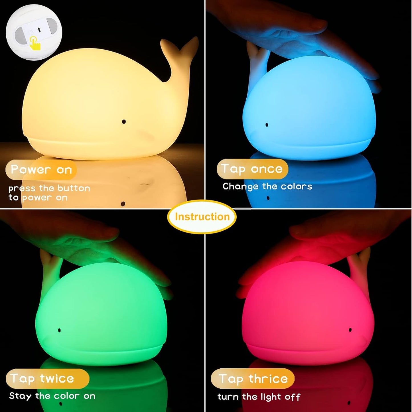 LOVERUIS Whale Night Light Silicone 7 Colors Dimmable 3 Hours Timer Whales Baby Light Decor Room Ocean Baby Nursery Decors Gift Kids
