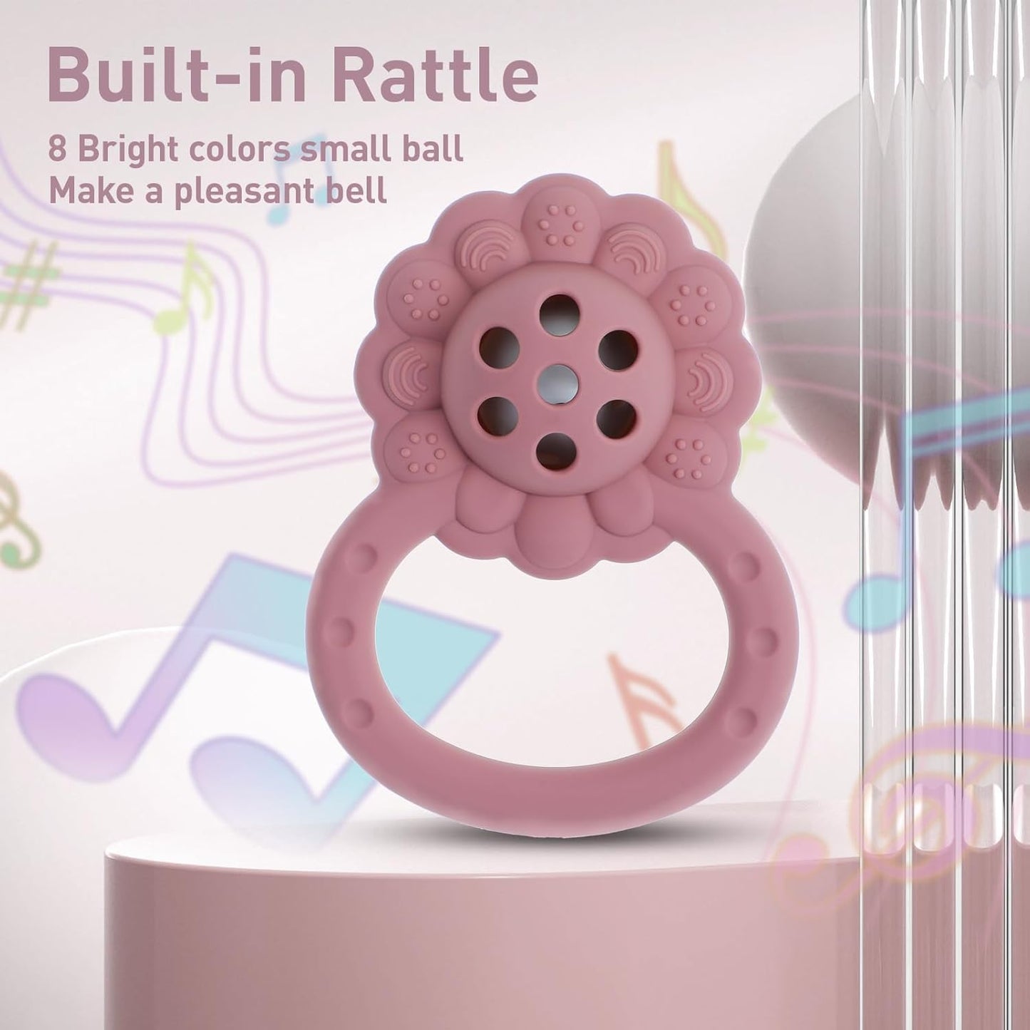 Rattle Teether, Lion Shape Montessori Baby Sensory Teething Toys, Food Grade Silicone BPA Free, Newborn Essentials Must Haves (Daffodil Clay)