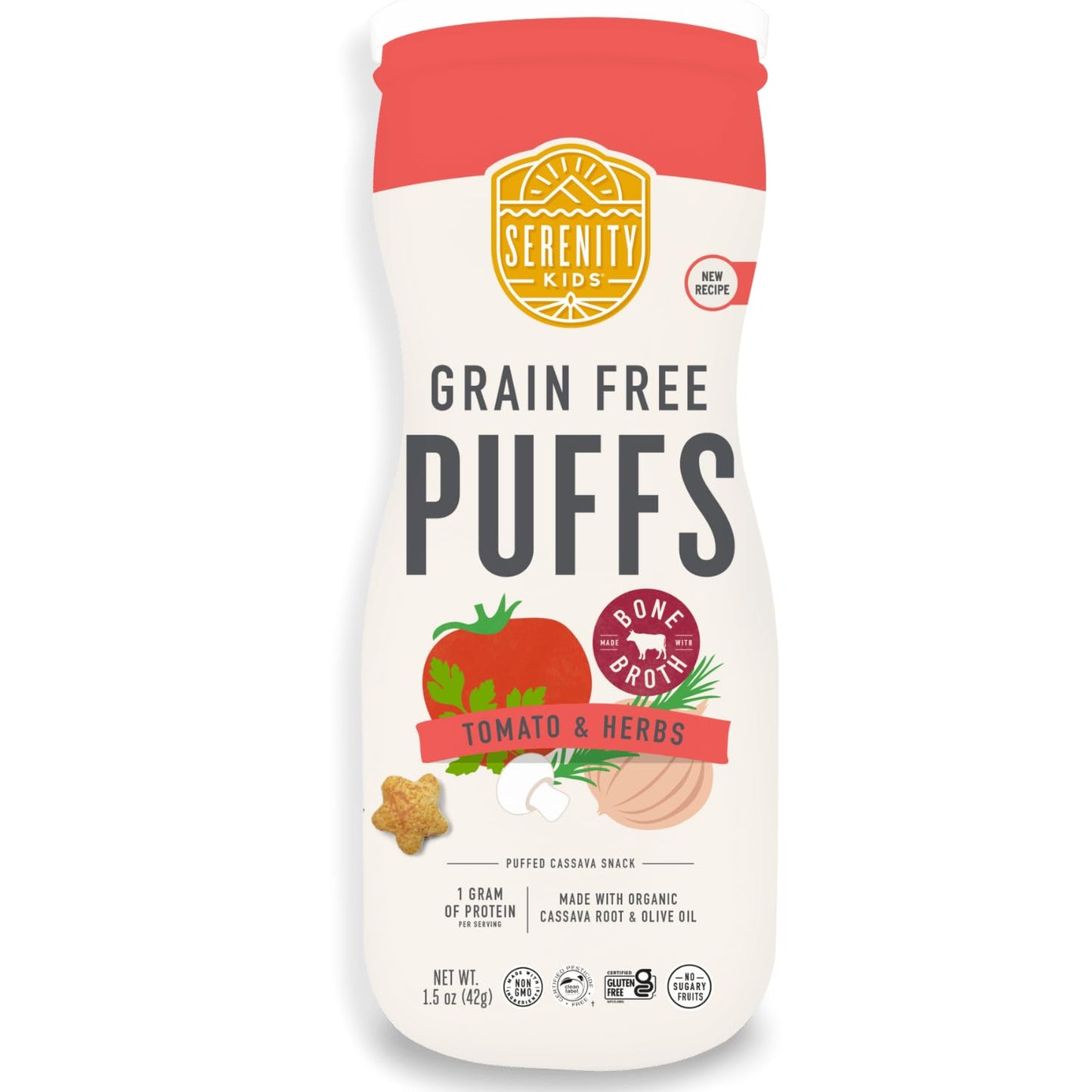 Serenity Kids 6+ Months Grain Free Puffs Toddler & Baby Snack | No Added Sugar, Gluten & Rice Free, Allergen Free | Made with Organic Cassava, Veggies, and Herbs | Tomato & Mushroom | 1 Count