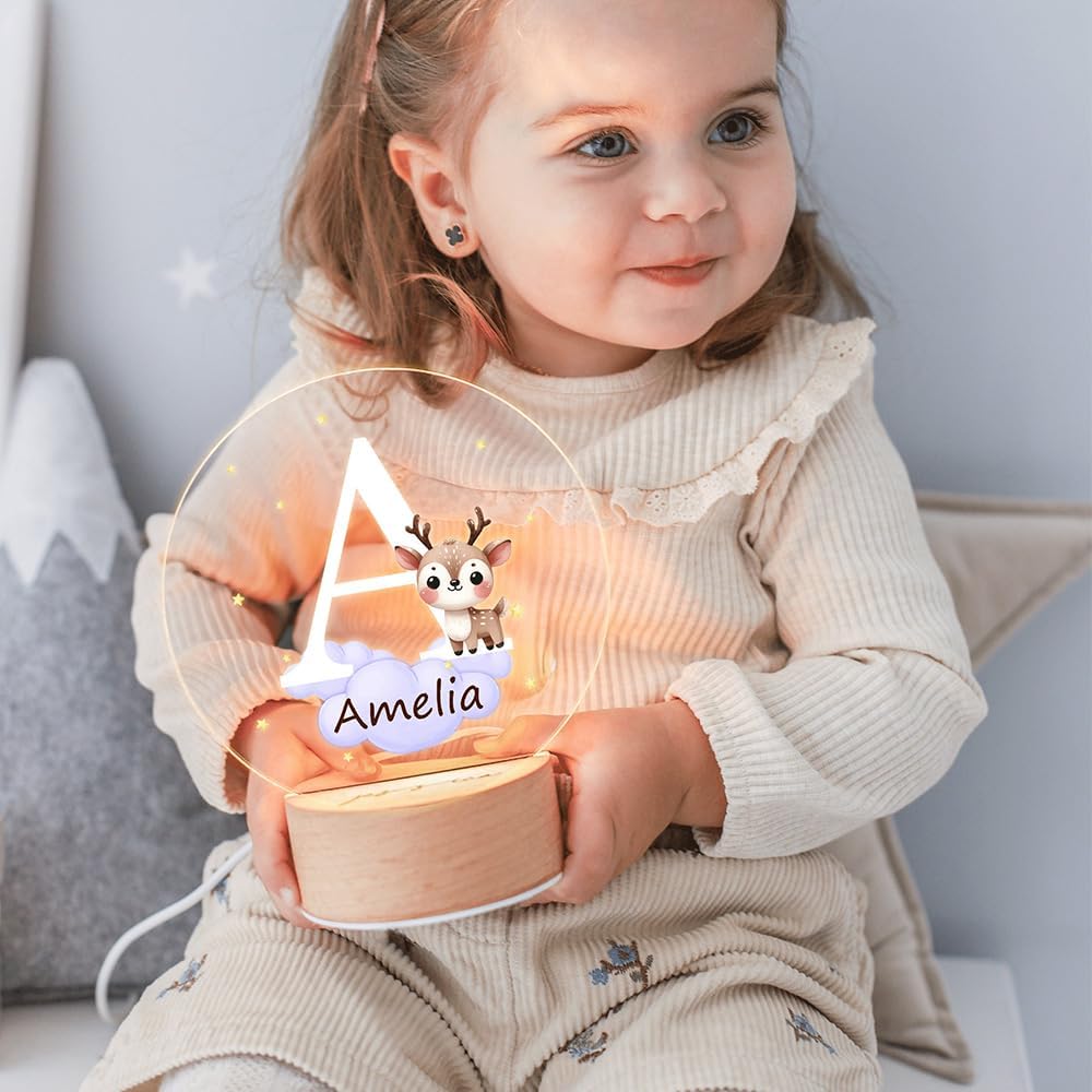 callie Acrylic Night Light Name Plate Personalized, Custom Cute Forest Animals with Wooden Base Bedroom Decor, Birthday Gifts Christmas Gifts for Family