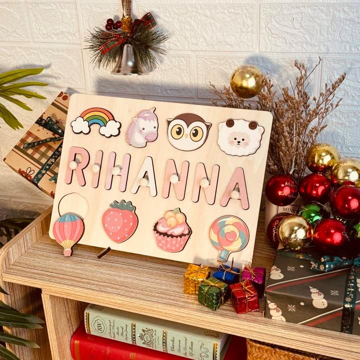 Personalized Name Puzzle for Kids, Personalized Baby Gifts Name Puzzles for Toddlers 1-3 with Pegs Engraved Text Greetings on Back, 1st Birthday Christmas Easter Gifts for Boys&Girls, Montessor Toys