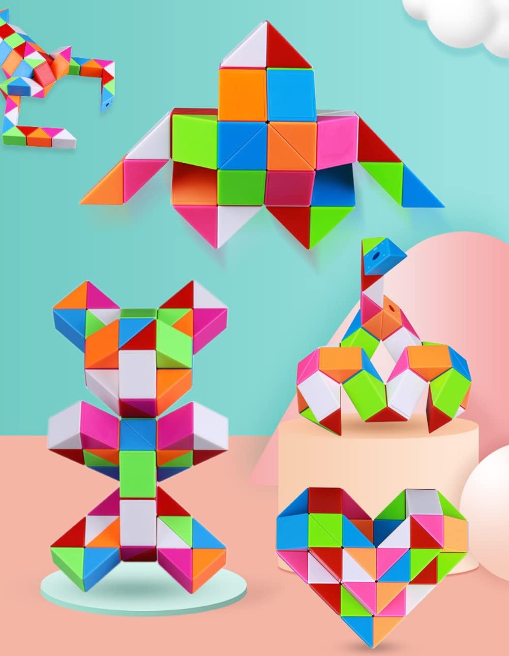 Fidget Magic Snake Cube Puzzles Twist Ruler Speed Cubes Brain Teaser Game Toys for Kids (72 Block 1PACK)