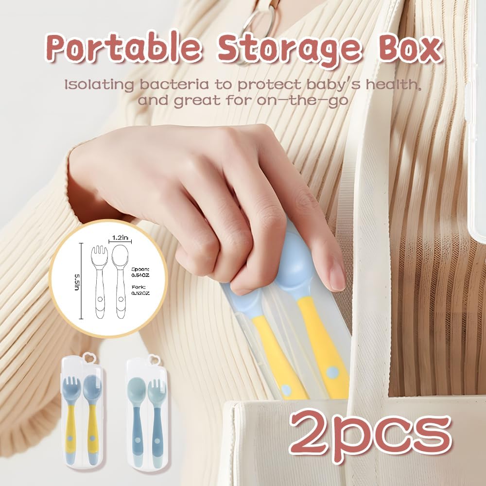 Baby Utensils Spoons and Forks Set Bendable Self-Feeding Silverware for Toddler Children with Travel Case Gum Friendly Food Grade (Yellow+Green, 2 Set)