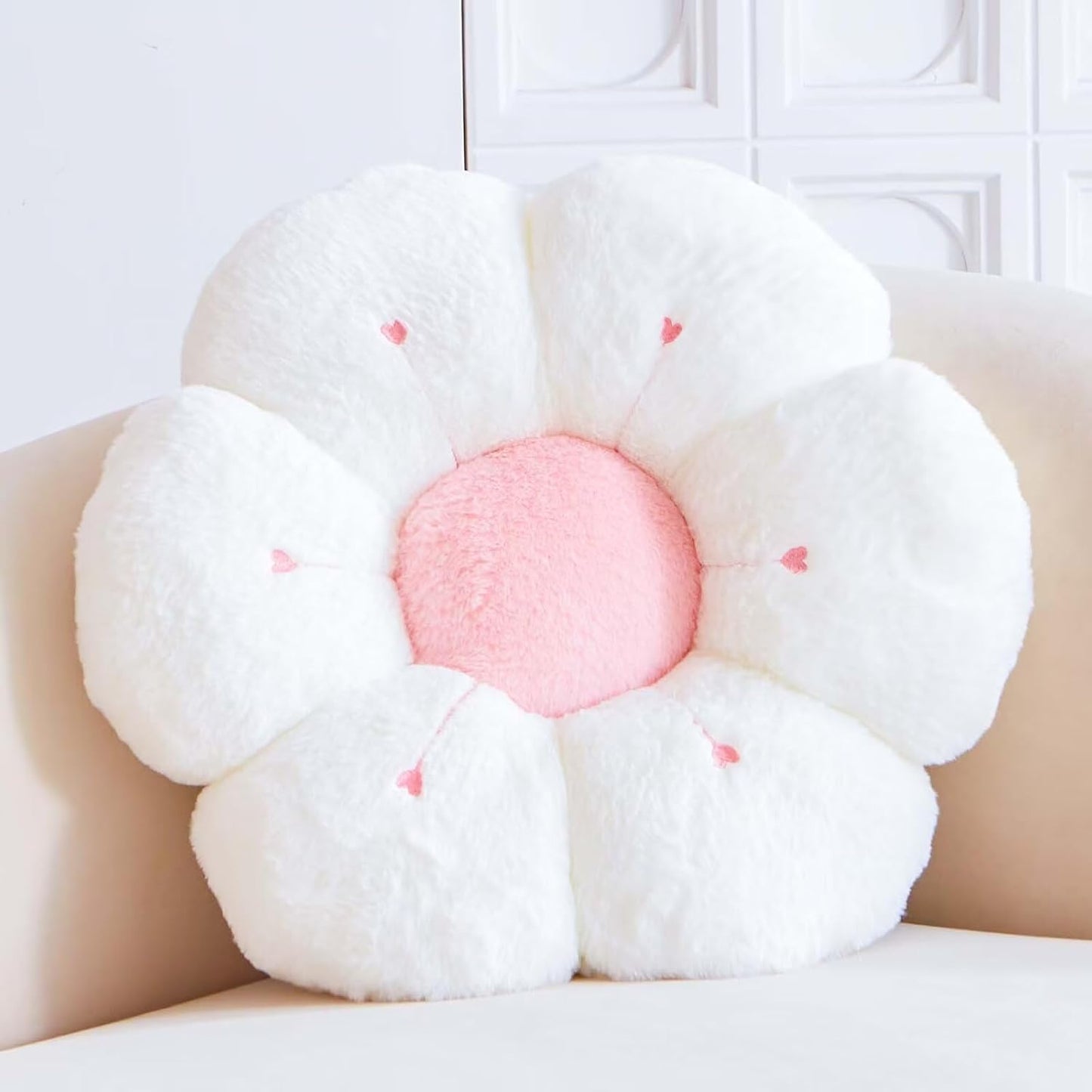 Flower Pillow, Cute Flower Shaped Decorative Pillow, Soft Rabbit Fur Daisy Pillow Home Decor Floor Seating Cushion for Bedroom Living Room (White 19.6 Inch)