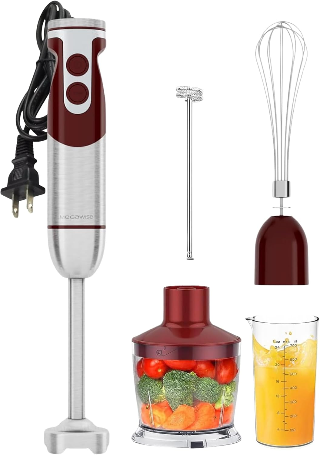 MegaWise 5-in-1 Hand Blender Set with Variable Speed Control, 400W Immersion Blender - Includes Whisk, Milk Frother, Chopper, and Beaker for Smoothies, Soups, and Baby Food (RED)