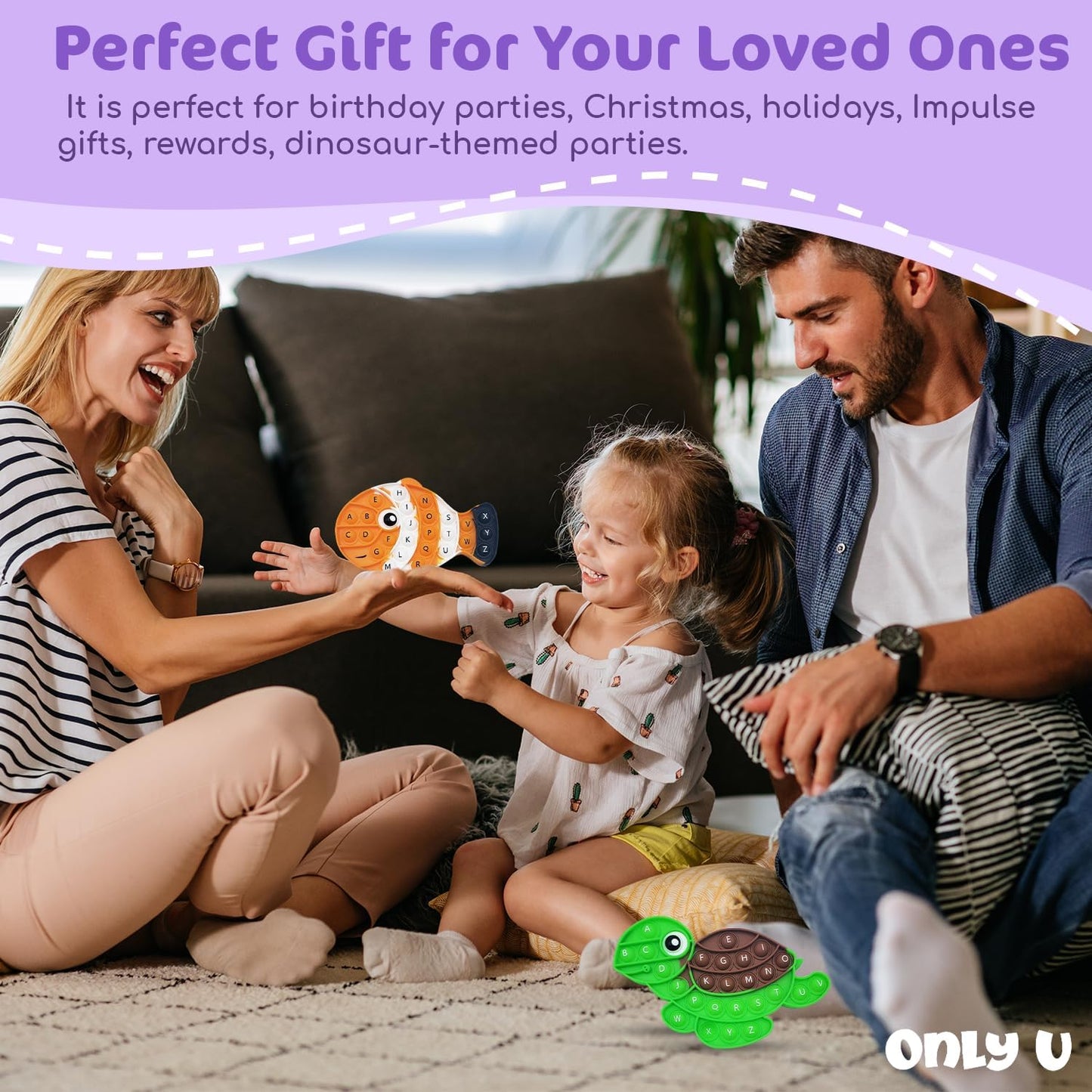 Marine Pop Fidget Toys Set with ABCs, Silicone Rainbow Dinosaur Popper Fidget Set for Children, Sensory Squeeze Toys Stress Reliever Tool for Kids Adult ADHD 3 Pack, Whale, Turtle and Clownfish