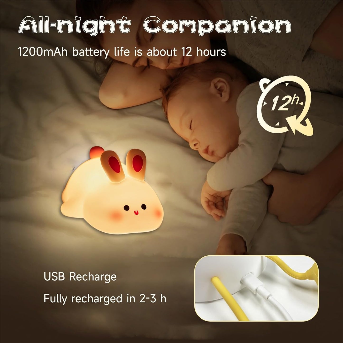 Big Face Rabbit Night Light, Adorable LED Bunny Night Lamp, Silicone Dimmable Nursery Nightlight for Girls, Silicone Rechargeable Bedside Touch Night Lights for Easter Decor