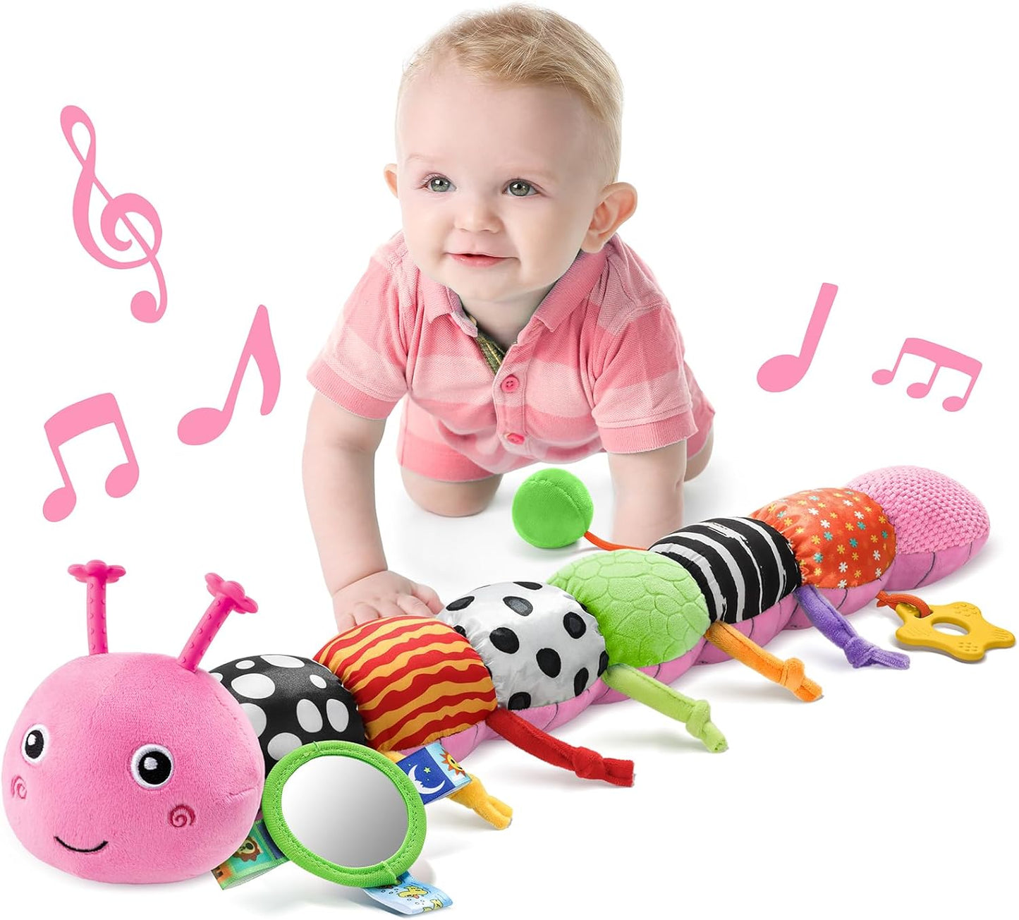 LIGHTDESIRE Baby Toys Musical Caterpillar,Infant Toys Stuffed Animals with Mirror,Ruler Design,Pull String&Rattles,Sensory Toy for Tummy Time Boy Girl Newborn Gifts 3 6 12 Months(Rose Pink,Knot Limb)