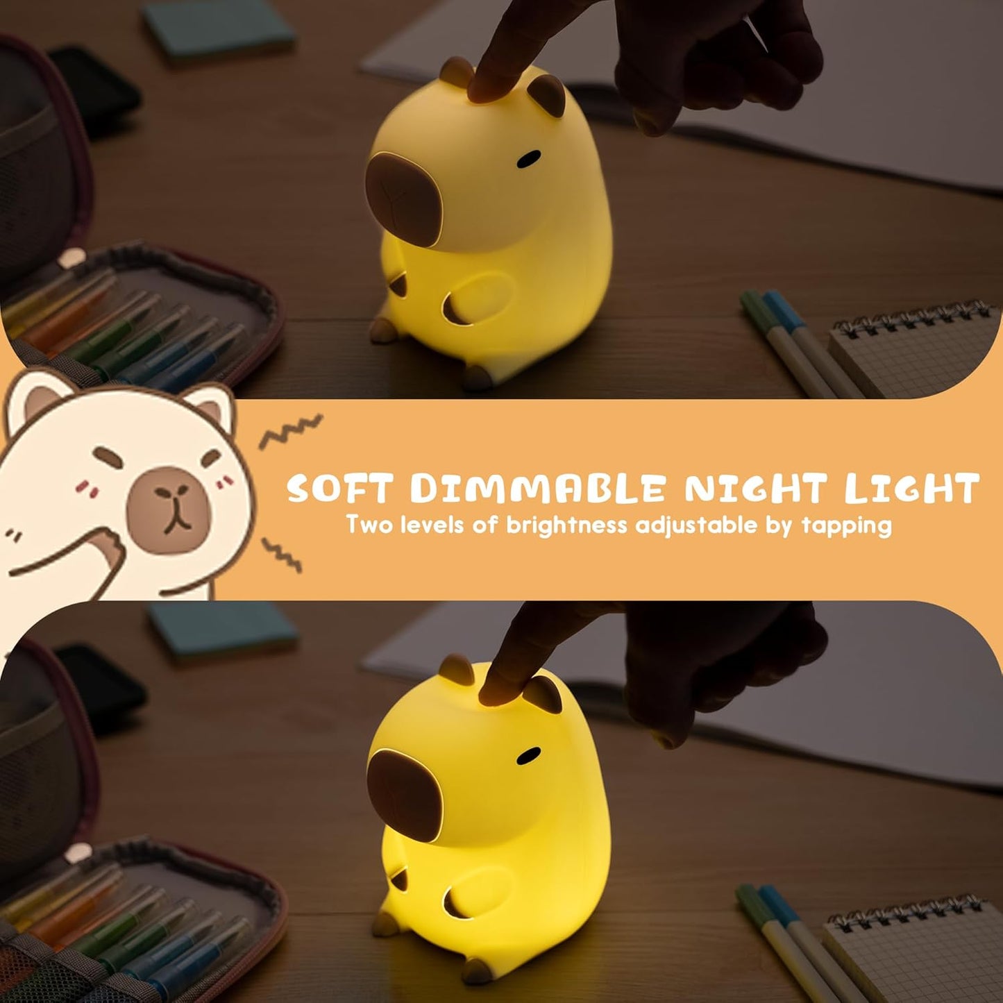 UNEEDE Capybara Night Light, Cute Animal Silicone Nursery Night Light Rechargeable Table Lamp Bedside Lamp with Touch Sensor for Bedrooms, Living Room