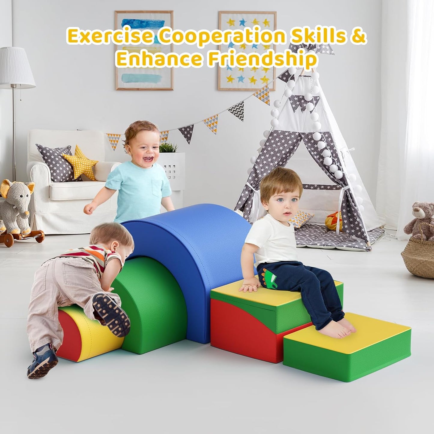 Lischwert Foam Climbing Blocks, Soft Climbing Toys for Toddlers, 5 Pieces Crawl and Climb Foam Playset with Foldable Block and Tunnel, Indoor Climber Activity Play Set for Kids Age 1+(Colorful)