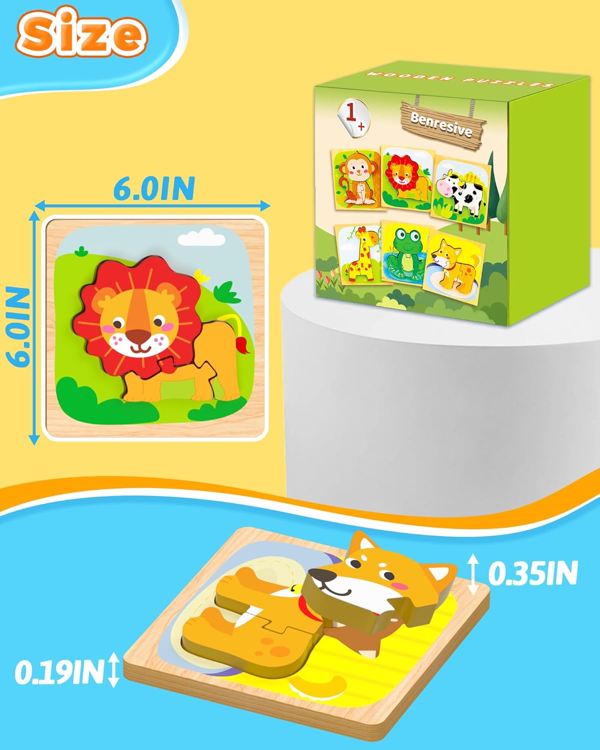 Benresive Wooden Toddler Puzzles, 6pcs Animal Montessori Toys for 1-3 Year Old Boys & Girls, Learning Educational Preschool Toys, Great Gifts for 1 2 3 Year Olds