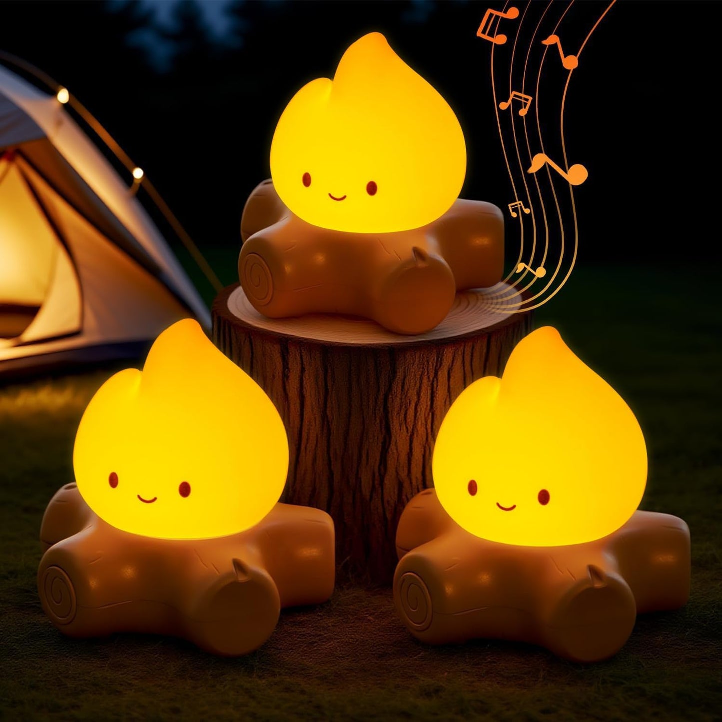 3pcs Cozy Campfire Nightlight Kits, Soothing Nature Sounds, White Noise Night Light for Baby Adult, Rechargeable, Cute Flame Lamp, Best Gift for Kids Bedrooms Camping Trips