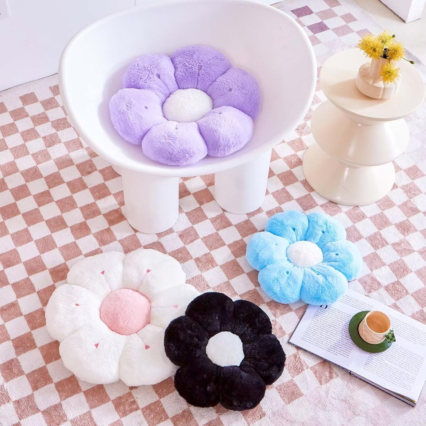 Flower Pillow, Cute Flower Shaped Decorative Pillow, Soft Rabbit Fur Daisy Pillow Home Decor Floor Seating Cushion for Bedroom Living Room (Light Purple 19.6 Inch)